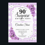 Surprise 90th Birthday - Purple White Invitation<br><div class="desc">Surprise 90th Birthday Invitation.
Feminine white,  lavender lilac design. Features stripes,  pastel purple roses,  script font and confetti. Perfect for an elegant birthday party. Can be personalized to show any age. Message me if you need further customization.</div>