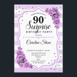 Surprise 90th Birthday - Purple White Invitation<br><div class="desc">Surprise 90th Birthday Invitation.
Feminine white,  lavender lilac design. Features stripes,  pastel purple roses,  script font and confetti. Perfect for an elegant birthday party. Can be personalized to show any age. Message me if you need further customization.</div>