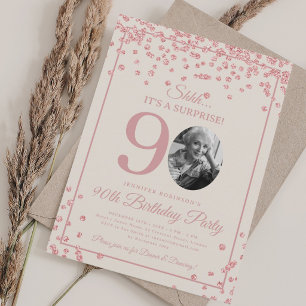 SURPRISE 90th Birthday Rose Gold Confetti Beige Invitation