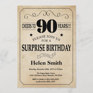 Surprise 90th Birthday Rustic Vintage Retro Invitation