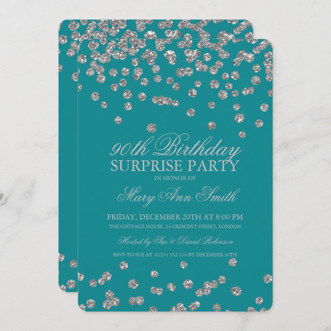 Surprise 90th Birthday Silver Glitter Teal Invitation (Front/Back)