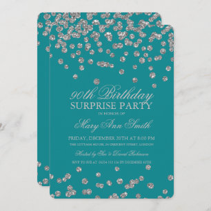 Surprise 90th Birthday Silver Glitter Teal Invitation