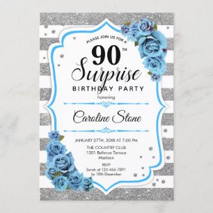 Surprise 90th Birthday - Silver White Blue Invitation