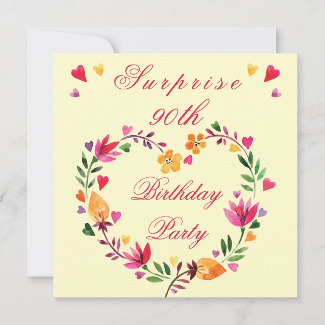 Surprise 90th Birthday Watercolor Floral Heart Invitation (Front)