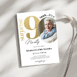 Surprise 90th Gold Birthday Invitation with Photo<br><div class="desc">Designed for our Birthday Invitations with Photo collection,  this customizable Invitation Card features an editable photo section,  gold numbers & handwriting decorative fonts. Matching items available.</div>