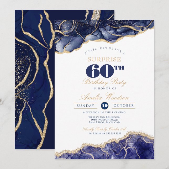 Surprise Adult 60th Birthday Party Elegant Agate Invitation (Front/Back)