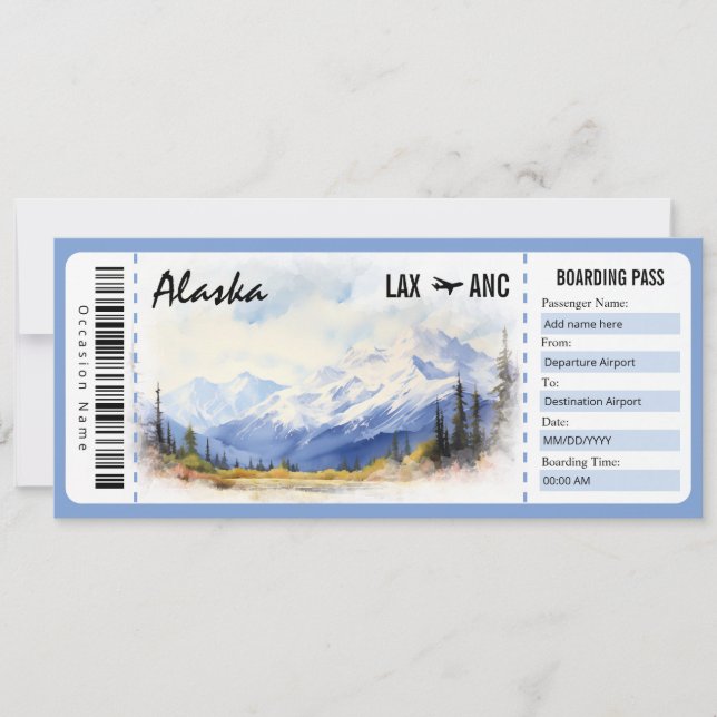Surprise Alaska Boarding Pass Gift Certificate Invitation (Front)