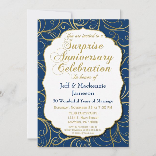 Surprise Anniversary Invitation Navy Gold Swirl (Front)