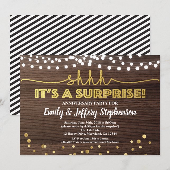 Surprise anniversary party invitation wood & gold (Front/Back)