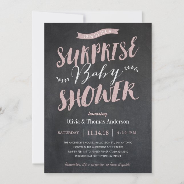 Surprise Baby Shower Invitations - Chalkboard Pink (Front)