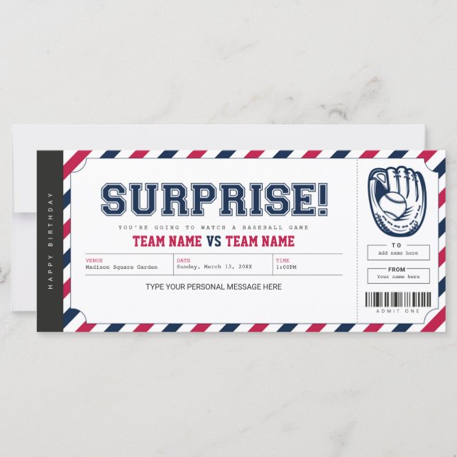 Surprise Baseball Game Personalized Gift Ticket (Front)
