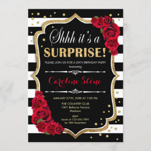 Surprise Birthday - Black White Stripes Red Roses Invitation