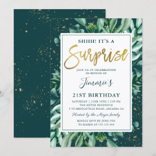 Surprise Birthday Chic Greenery Gold Glitter  Invitation
