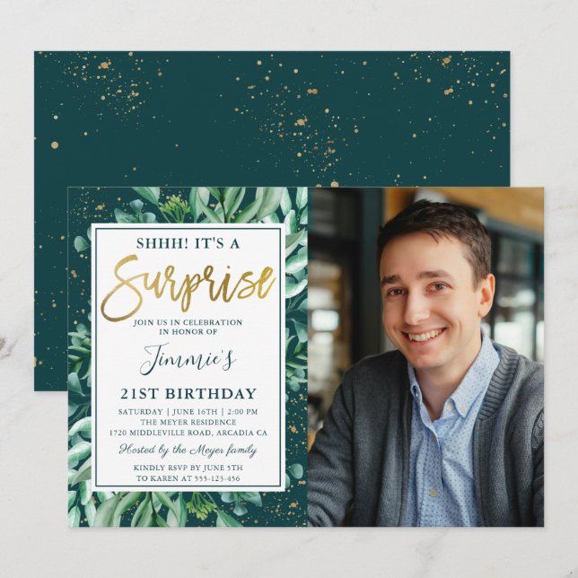 Surprise Birthday Chic Greenery Gold Glitter Photo Invitation (Front/Back)