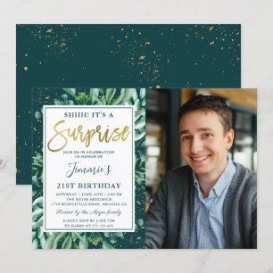 Surprise Birthday Chic Greenery Gold Glitter Photo Invitation