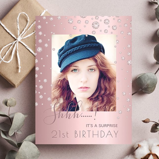 Surprise Birthday dusty rose pink photo invitation Postcard (Creator Uploaded)