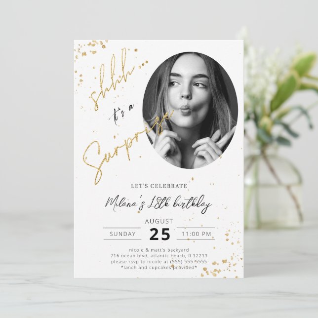 Surprise Birthday Gold Invitation Card with Photo (Standing Front)