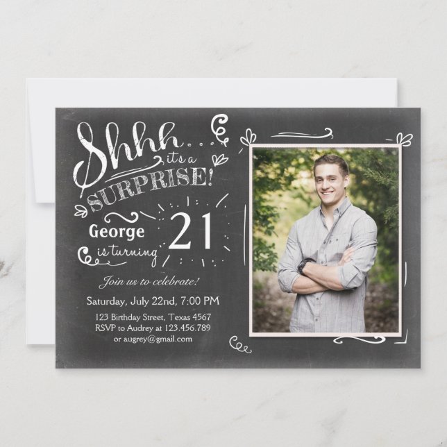 Surprise birthday invitation 21 Chalkboard Rustic (Front)