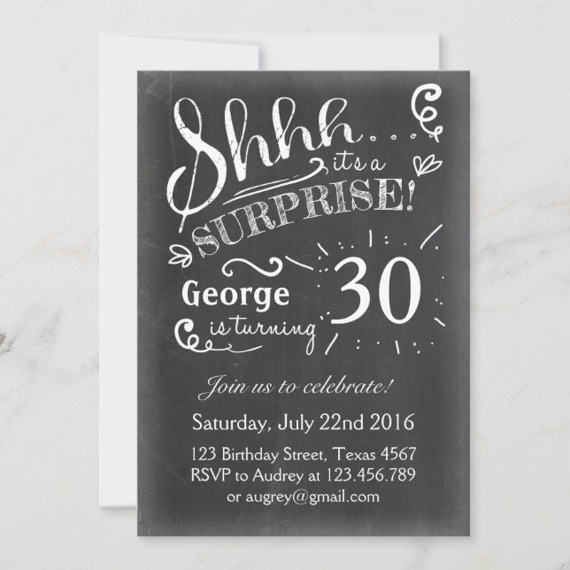 Surprise birthday invitation 30 Chalkboard Rustic (Front)