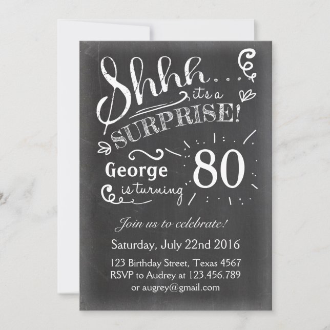 Surprise birthday invitation 80 Chalkboard Rustic (Front)