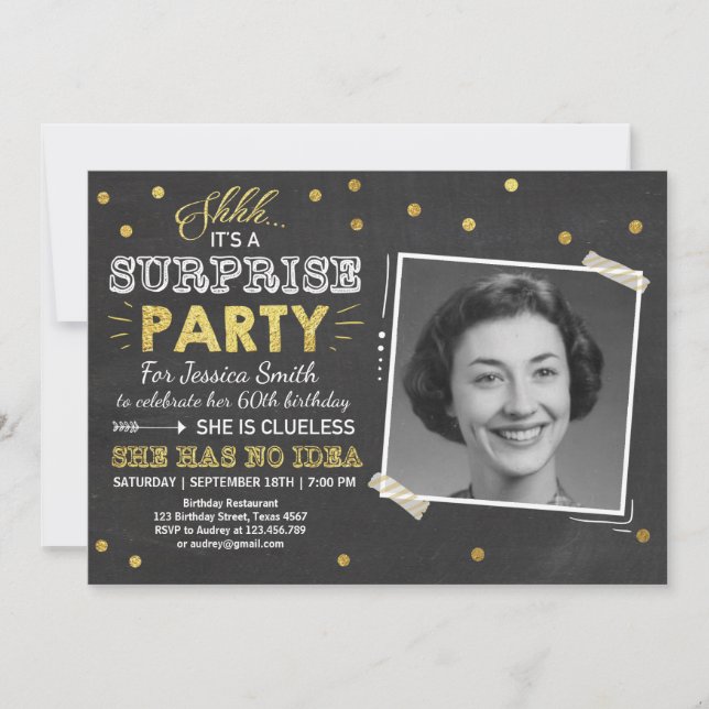 Surprise birthday invitation Chalkboard Gold (Front)