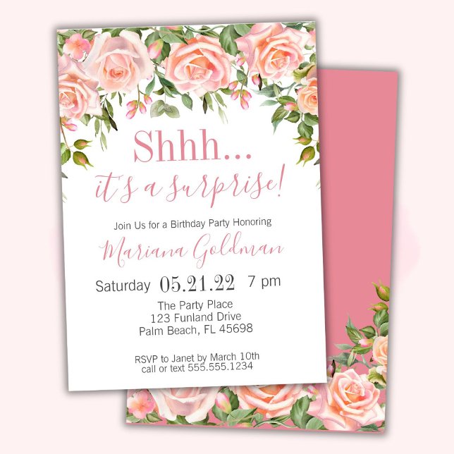 Surprise Birthday Invitations Pink Floral Party (Creator Uploaded)