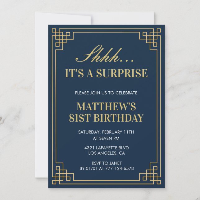 Surprise Birthday Navy blue Gold Men 81st birthday Invitation (Front)