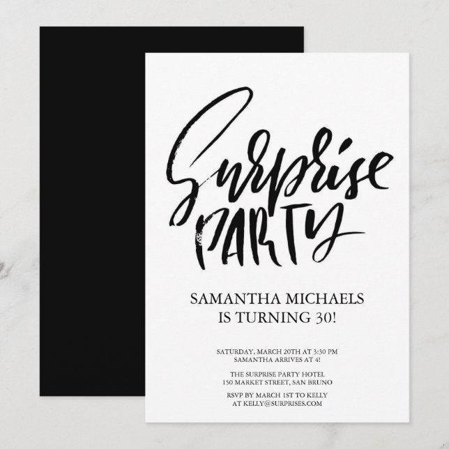 Surprise Birthday Party black and white Watercolor Invitation (Front/Back)