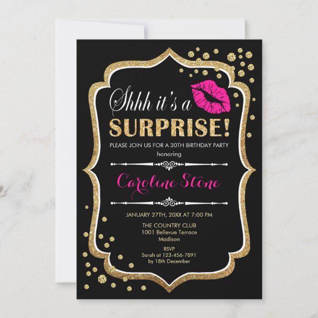 Surprise Birthday Party - Black Pink Gold Invitation (Front)