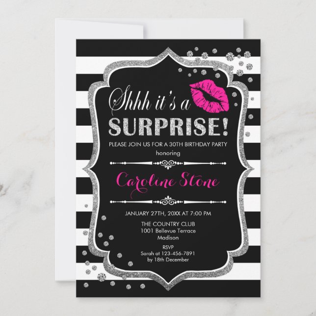 Surprise Birthday Party - Black Pink Silver Invitation (Front)