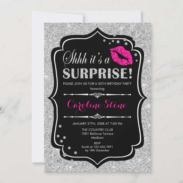 Surprise Birthday Party - Black Pink Silver Invitation (Front)