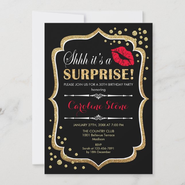 Surprise Birthday Party - Black Red Gold Invitation (Front)