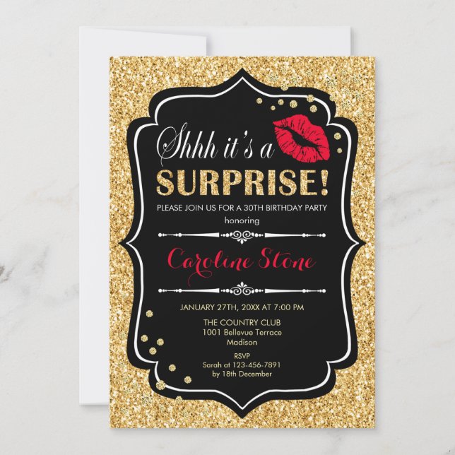 Surprise Birthday Party - Black Red Gold Invitation (Front)