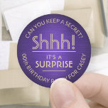 Surprise Birthday Party Brushed Purple and Gold Classic Round Sticker<br><div class="desc">Shhh! It's a Surprise! Add an elegant personalized touch to surprise birthday party invitations, decorations, and favours with custom purple and gold stickers / envelope seals. Design features a faux brushed stainless steel background and stylish modern typography. All text on these labels is simple to customize for any year birthday...</div>