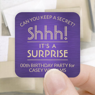 Surprise Birthday Party Brushed Purple and Gold Square Sticker