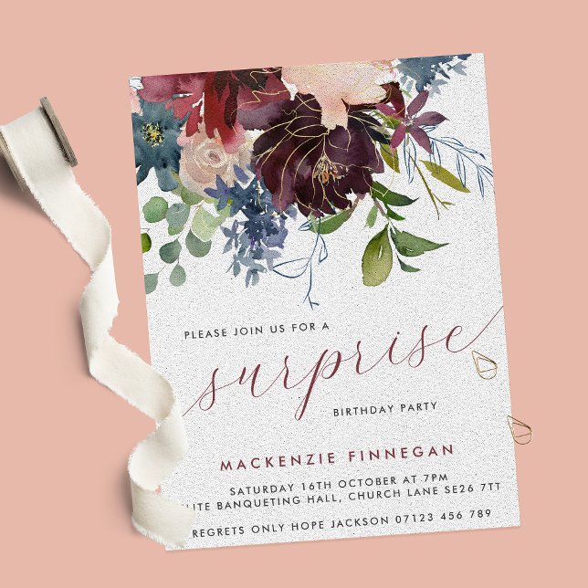 Surprise Birthday Party Burgundy & Navy Floral Invitation (Creator Uploaded)