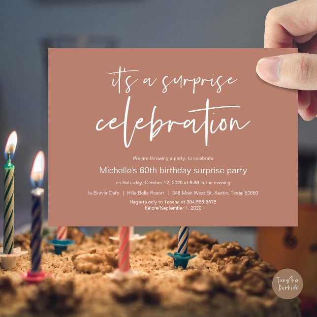 Surprise Birthday Party Celebration Invitation (Surprise Birthday Party Celebration Invitation Card, PDF, in Terracotta Earthy Brown)