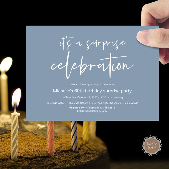 Surprise Birthday Party Celebration Invitation (Surprise Birthday Party Celebration Invitation Card, PDF, in Dusty Blue)