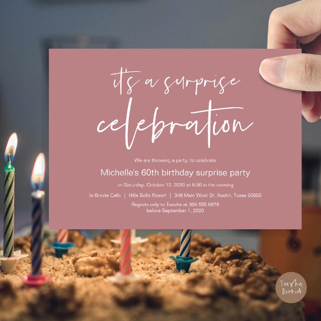 Surprise Birthday Party Celebration Invitation (Surprise Birthday Party Celebration Invitation Card, PDF, in Dusty Rose Pink)