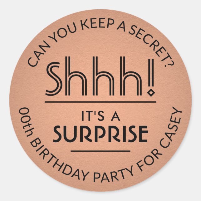 Surprise Birthday Party Copper Faux Foil and Black Classic Round Sticker (Front)