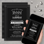 Surprise Birthday Party Elegant Black and White Invitation<br><div class="desc">Can you keep a secret? Invite family and friends to an elegant and exciting surprise birthday celebration with custom black and white party invitations. All wording on this template is simple to personalize, including message that reads "Shhh! It's a SURPRISE." The design features a modern striped border, classic vintage art...</div>