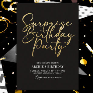 Surprise Birthday Party Elegant Black & Gold  Invitation