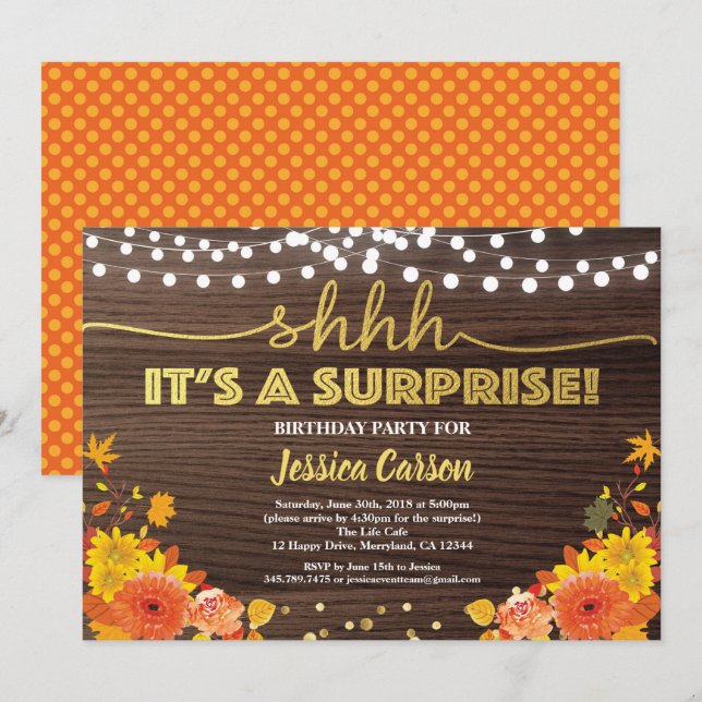 Surprise birthday party fall rustic wood floral invitation (Front/Back)