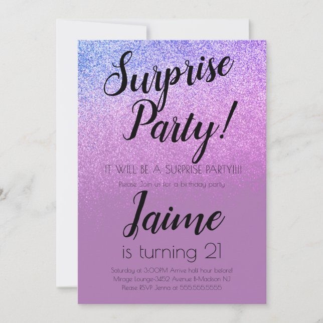 Surprise Birthday Party Glitter Purple Ombre Invitation (Front)