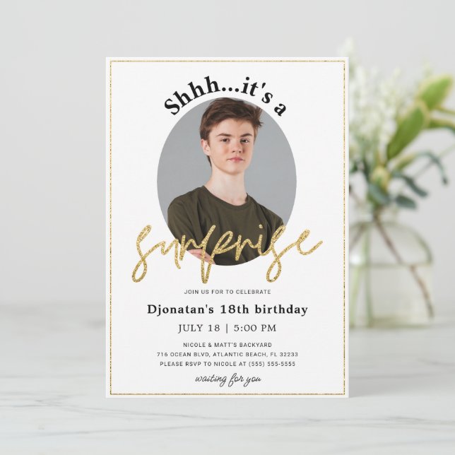 Surprise Birthday Party Invitation Card with Photo (Standing Front)