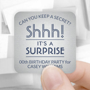 Surprise Birthday Party Navy Blue Faux Silver Foil Square Sticker
