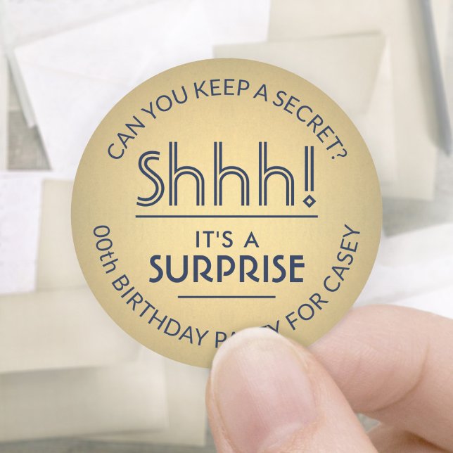Surprise Birthday Party Navy Blue & Gold Faux Foil Classic Round Sticker (Creator Uploaded)