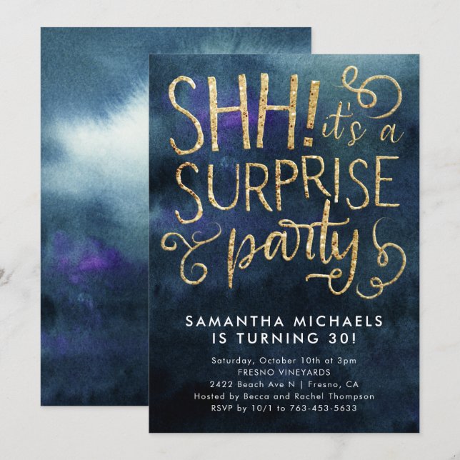 Surprise Birthday Party Navy Blue Gold Invitation (Front/Back)