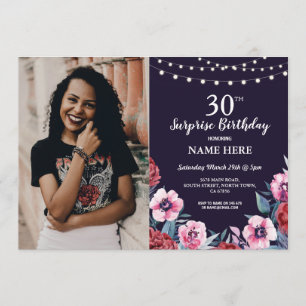 Surprise Birthday Party Navy Pink Floral Photo Invitation