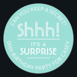 Surprise Birthday Party Pastel Teal Blue and White Classic Round Sticker<br><div class="desc">Add an elegant personalized touch to surprise birthday party invitations, decorations, and favours for her with stylish custom teal and white stickers / envelope seals. All text on these labels is simple to customize for any year birthday or for another occasion, such as a wedding anniversary, retirement, or going away...</div>